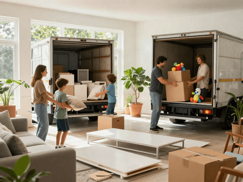 Family packing boxes for furniture removals in a bright living room, conveying teamwork and warmth.