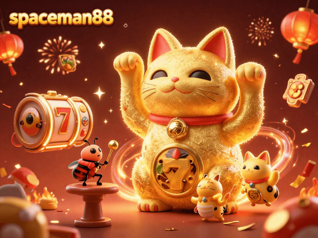 Win big with spaceman88 and the exciting gameplay of a giant lucky cat surrounded by vibrant casino symbols.
