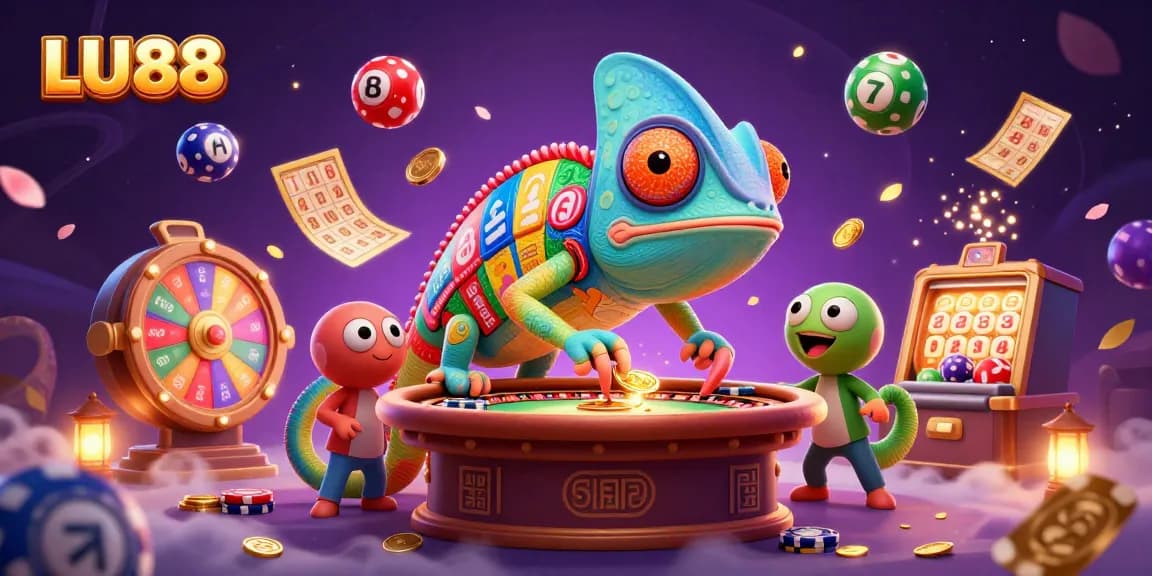 LU88 chameleon's vibrant casino scene showcases dynamic games and winning chances with colorful elements.