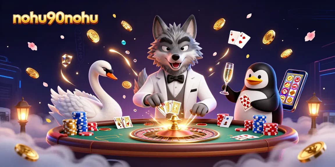 Nohu90nohu features a cartoon wolf at baccarat, a swan dealing cards, and a penguin sommelier amidst casino elements.