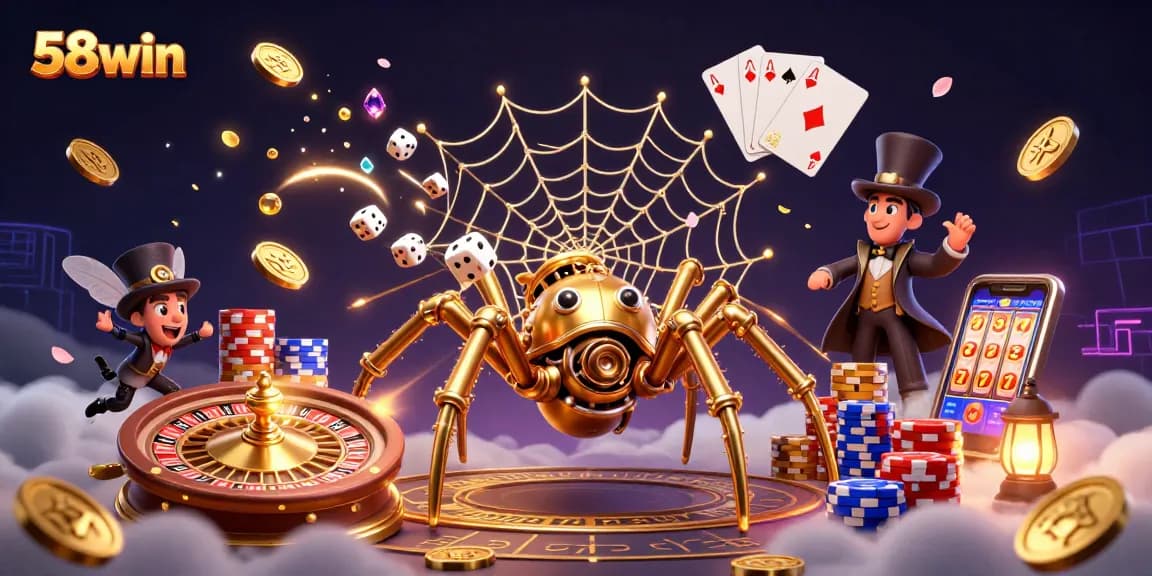 58win's exciting gaming environment showcases a steampunk spider catching dice while overflow of coins and poker chips surround.