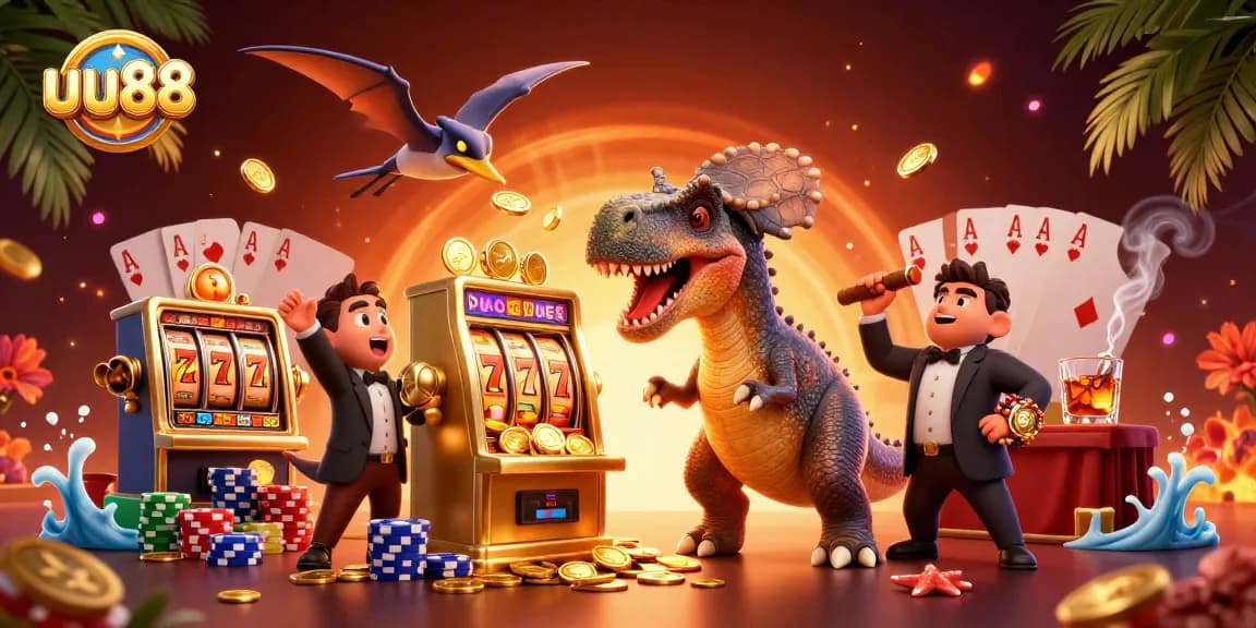 uu88 jackpot scene with pachycephalosaurus, golden slot machine, and coins flying