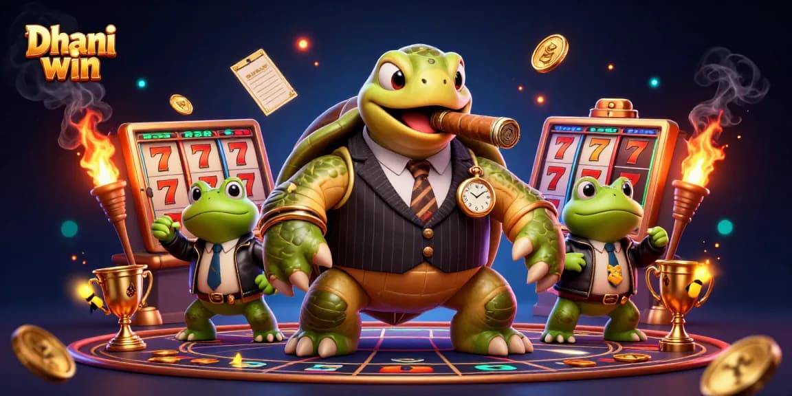 Dive into the excitement of Dhani win with a lively 3D scene featuring a mobster turtle and bullfrog enforcers surrounded by slot game elements.