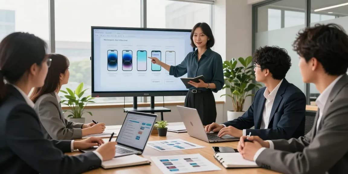 Business mobile comparison UK team discussing mobile plans in a modern office