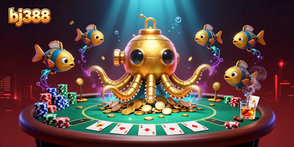 BJ388 players tracking wins at a dynamic poker game with a golden kraken submarine amid a sparkling sea of coins.