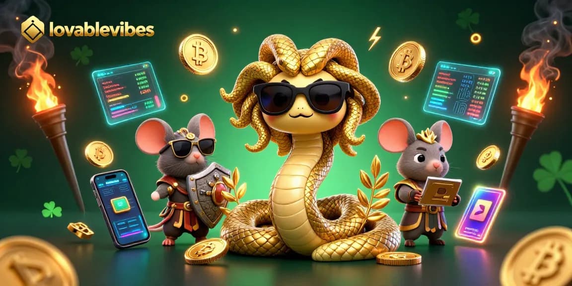 Engage in casino fun with lovablevibes featuring a fun Medusa and a warrior mouse amidst gold coins and crypto elements.