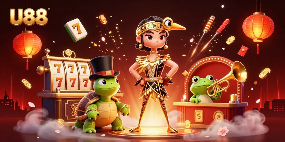 Experience the thrilling atmosphere of U88 casino with lively characters and festive elements.