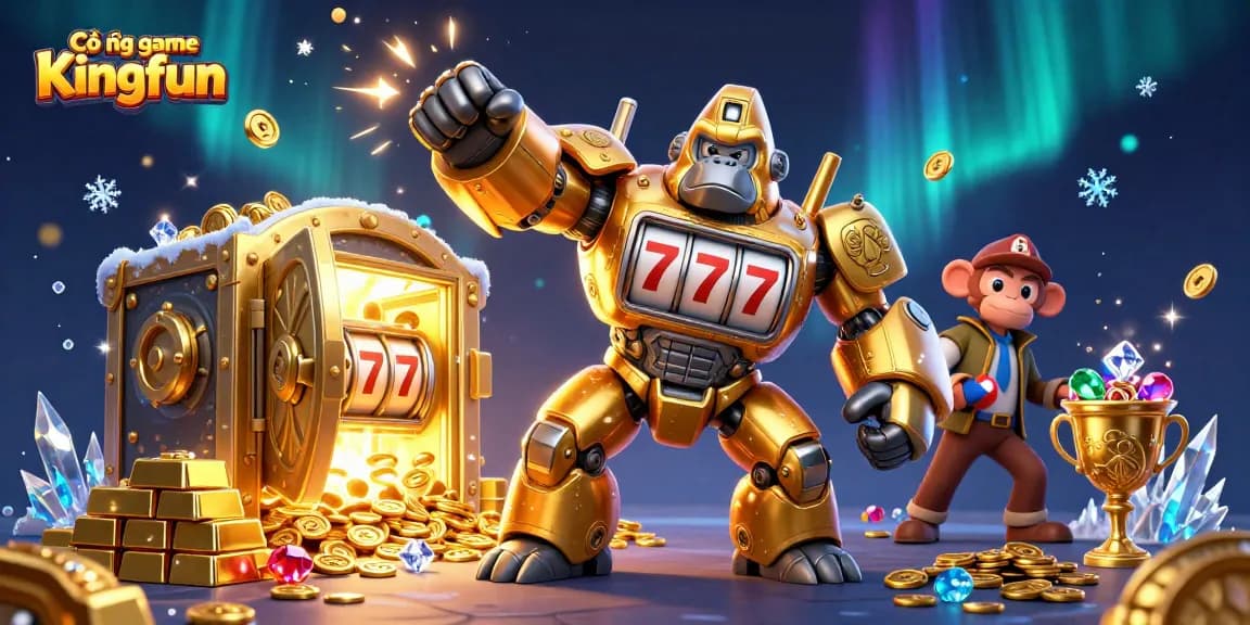 Cổng game Kingfun showcases a vibrant 3D illustration with a golden gorilla mech celebrating casino rewards amidst sparkling treasures.