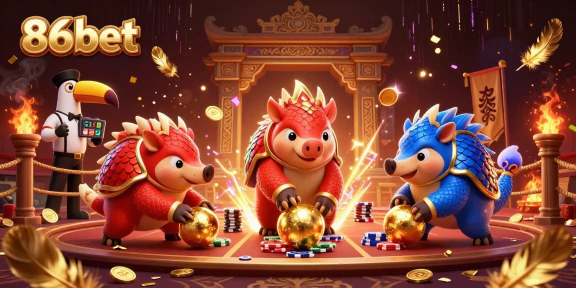 Experience 86bet excitement with rival pangolins battling in a vivid casino world.