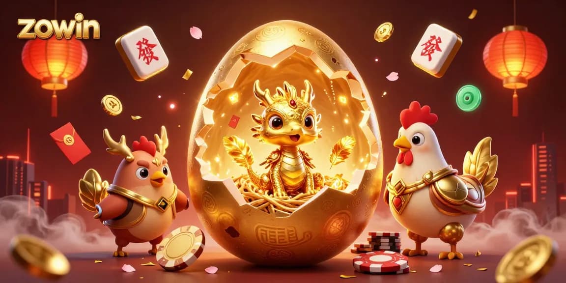 Zowin casino features a golden dragon with poker chips, illuminating elements of luck and strategy.