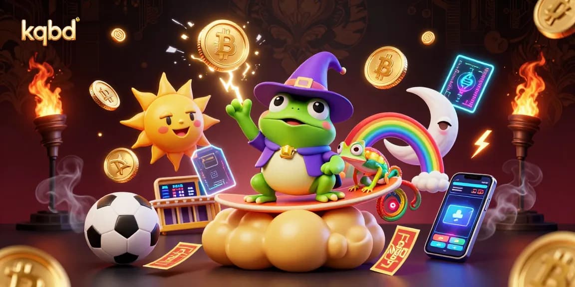 KQBD enhances betting excitement with a vibrant 3D scene of a wizard frog and chameleon amidst golden coin storms.