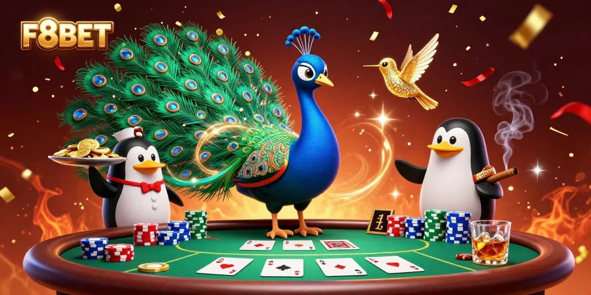 Enjoy dynamic poker action with F8BET, featuring a peacock, penguin, and hummingbird amidst colorful chips.