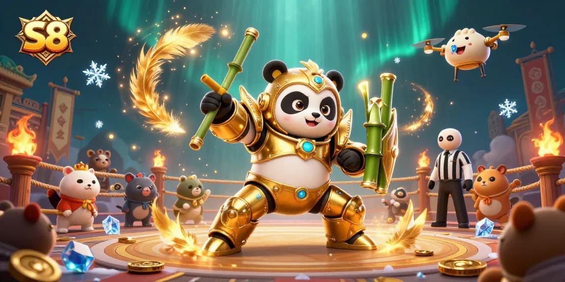 S8 mech-suit panda battles in a dynamic casino-themed arena, surrounded by gold coins and cheering spectators.
