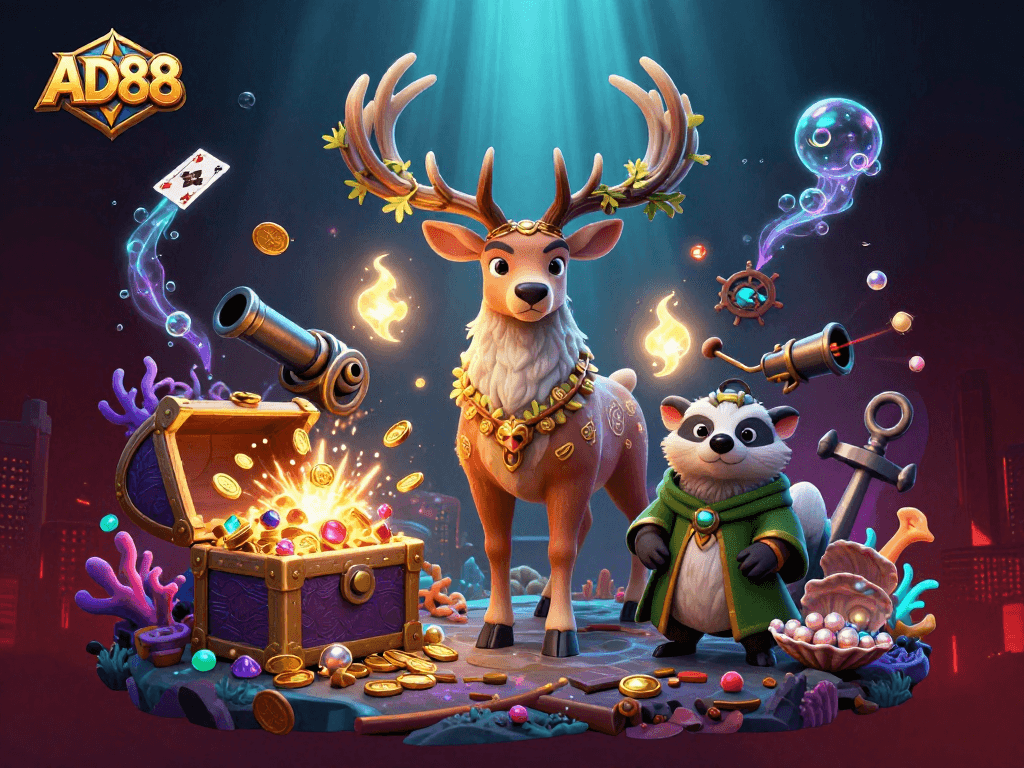AD88 features an enchanting scene with druid stag, badger, and glowing elements in a fantasy casino.