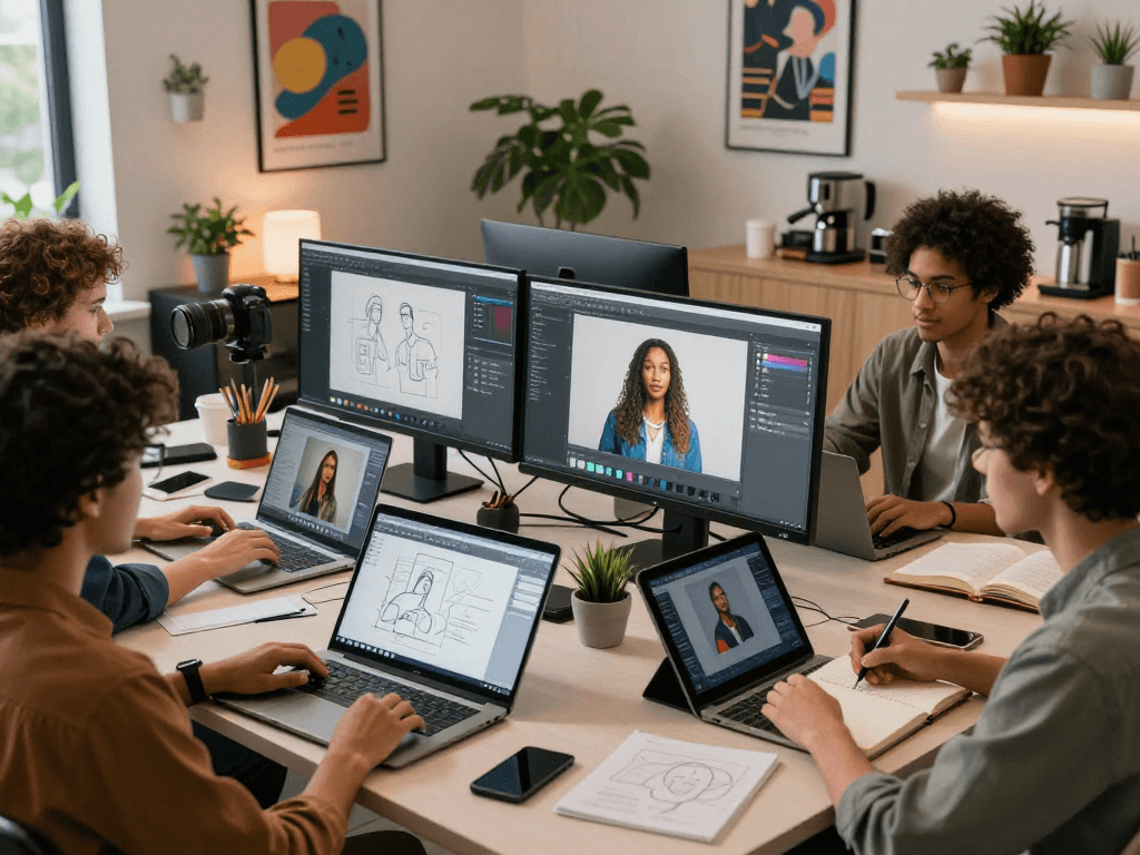 Team of creatives collaborating on nsfw ai content in a modern workspace.
