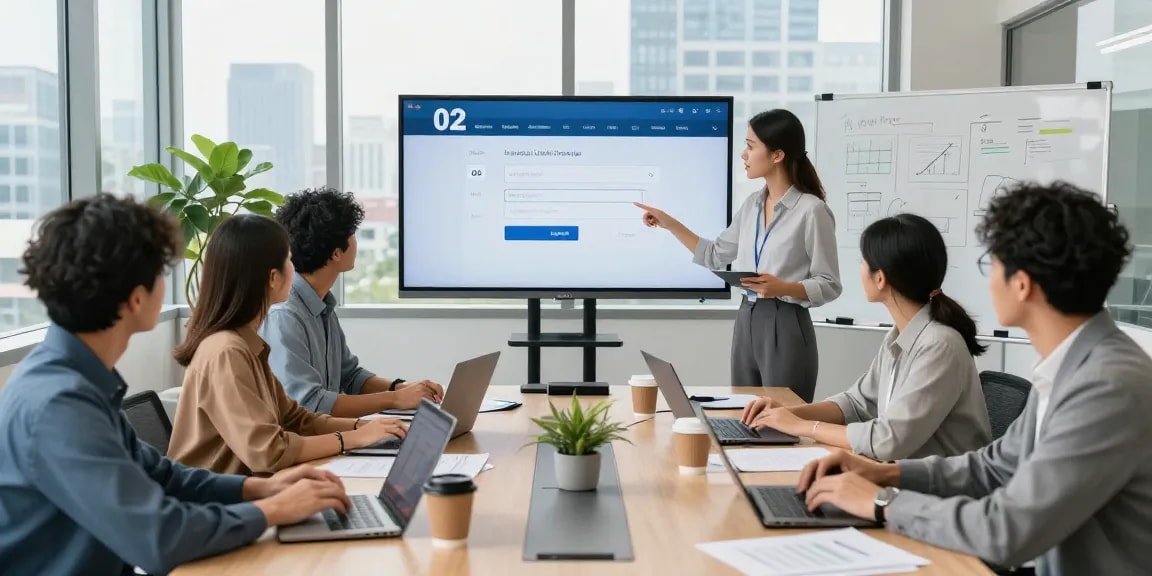 Collaborative meeting showcasing 02 login business discussion in a modern office.