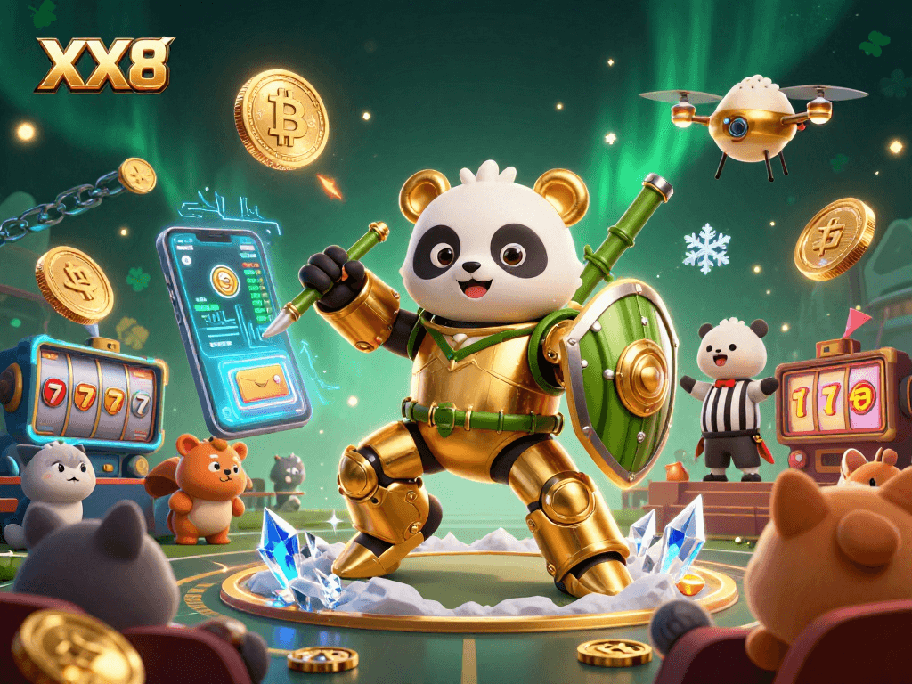 Engage with the energetic gaming scene at XX8 featuring a golden panda and slot game excitement amidst vibrant crypto elements.