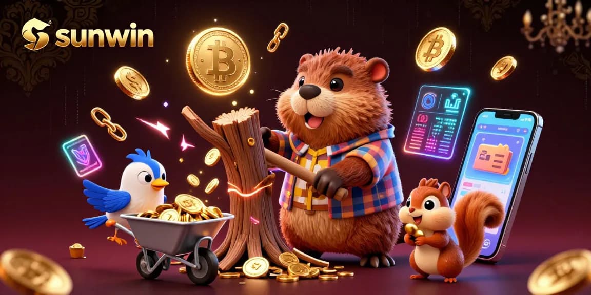 Spin the reels and collect wins at sunwin with vibrant 3D characters and cryptocurrency elements.