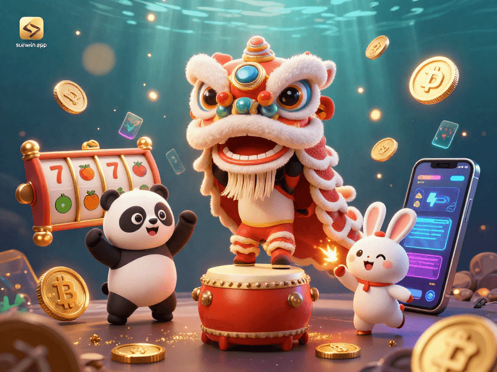 Experience thrills with the sunwin app showcasing a lively scene of characters dancing among vibrant casino elements.