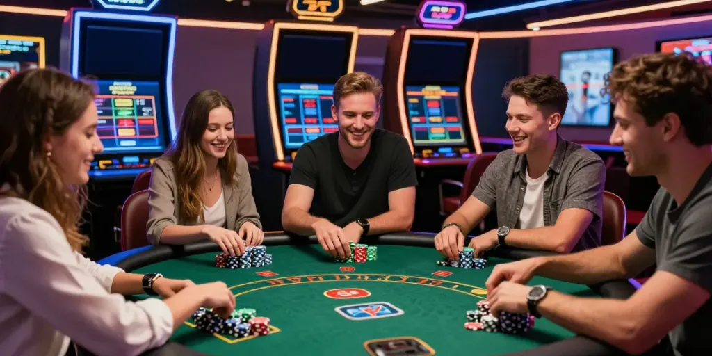 Excited friends enjoying gameplay at new non GamStop casinos with vibrant atmosphere.