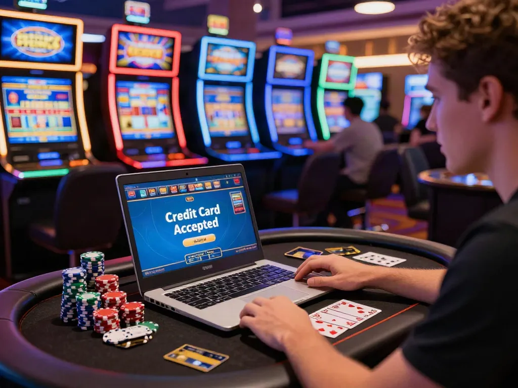 Exciting scene depicting online casinos that accept credit cards, with a player engaging with a laptop amid colorful slot machines and gaming elements.