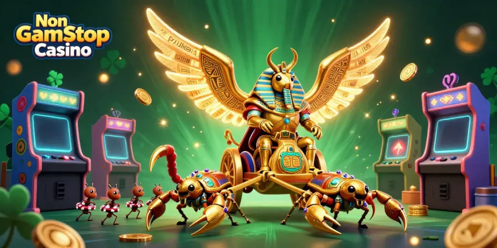 Experience the thrill of Non Gamstop Casino with vibrant 3D imagery featuring a golden scarab and animated arcade elements.