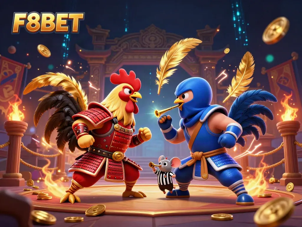 F8BET features dynamic fighting roosters in an exciting standoff, surrounded by a vibrant casino atmosphere.