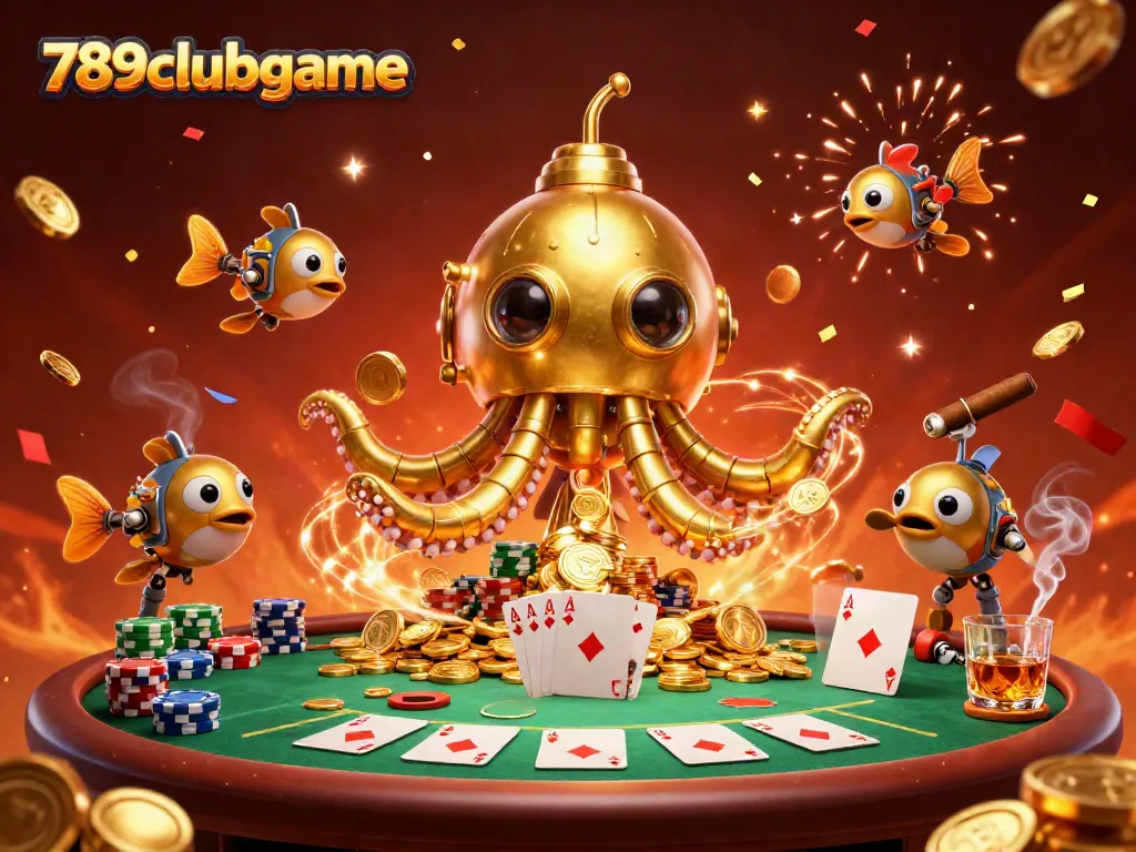 Engage with 789clubgame in a vibrant underwater casino world featuring a golden kraken and dynamic poker elements.