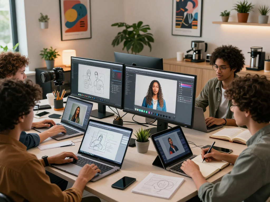 Team of creatives collaborating on nsfw ai content in a modern workspace.