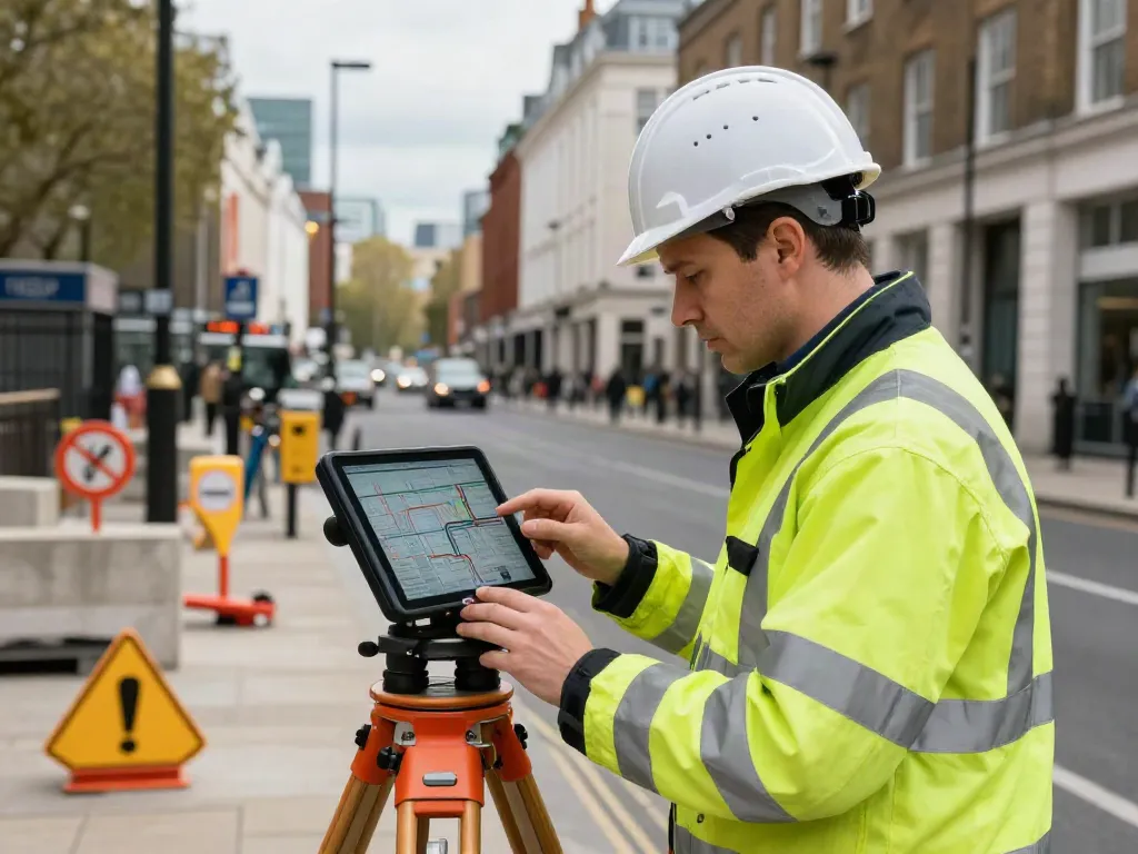 Utility Mapping London professional surveyor using GPR technology in a bustling urban environment.
