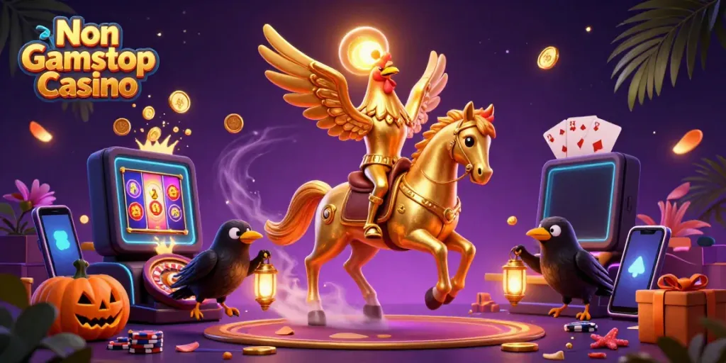 Engage with the vibrant action at a Non Gamstop Casino featuring a golden rooster and dynamic game elements.