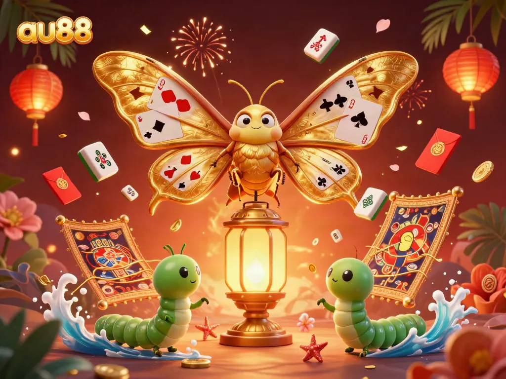 Engaging depiction of au88 with a majestic moth and vibrant casino elements, showcasing online gaming excitement.
