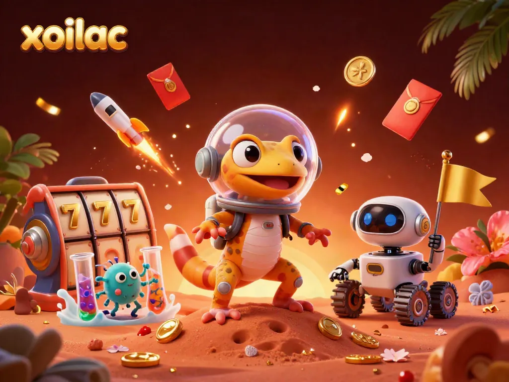 Experience gaming excitement with xoilac, featuring a Martian gecko discovering a golden casino.