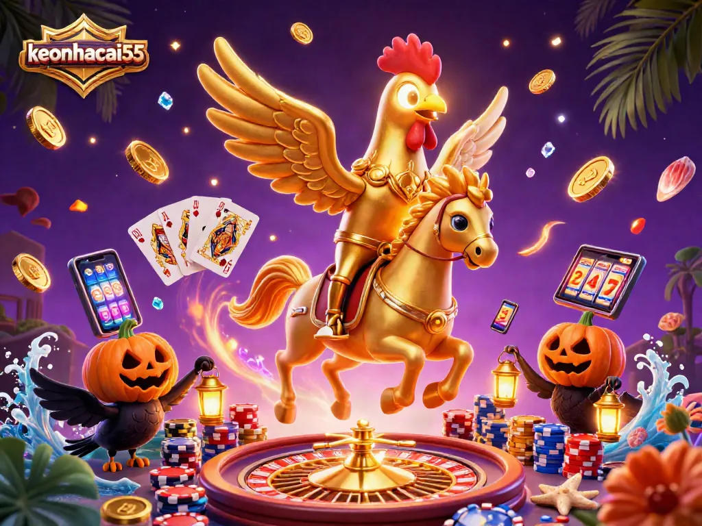 Betting at the casino with keonhacai55 in a vibrant digital illustration featuring lucky elements.