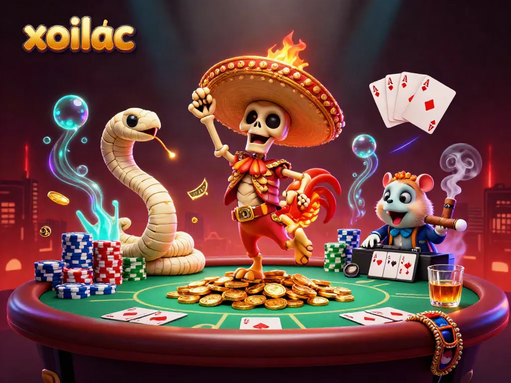 Xoilac offers an engaging gambling experience with vibrant visuals featuring characters like a mariachi rooster and a mummy snake.