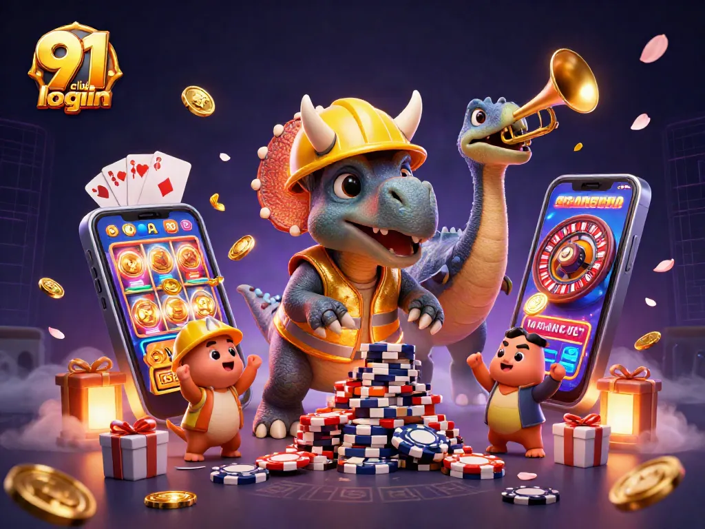 Engage with thrilling 91 club login adventures in a dynamic gambling illustration featuring lucky characters and games.