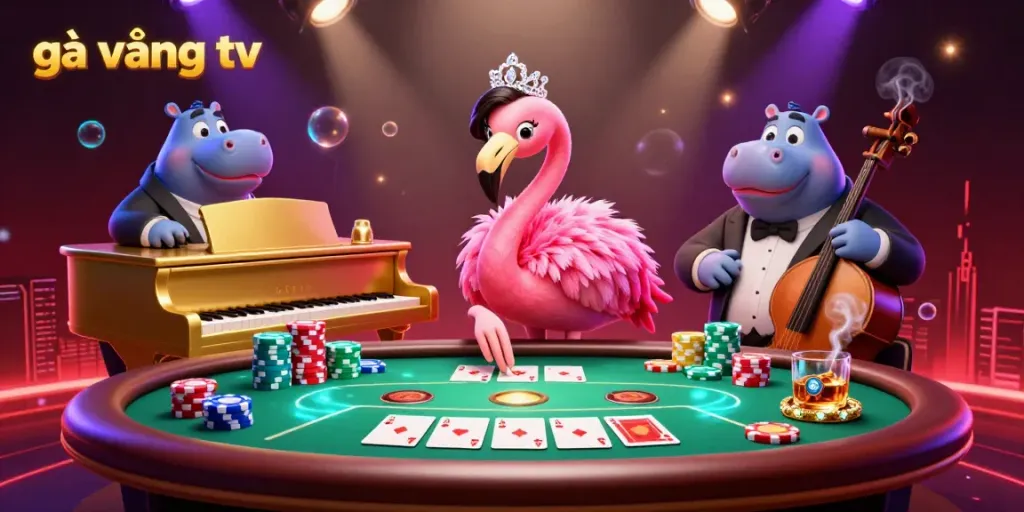 Experience gà vàng tv with dynamic casino scene featuring a flamingo singer, poker elements, and vibrant visuals.