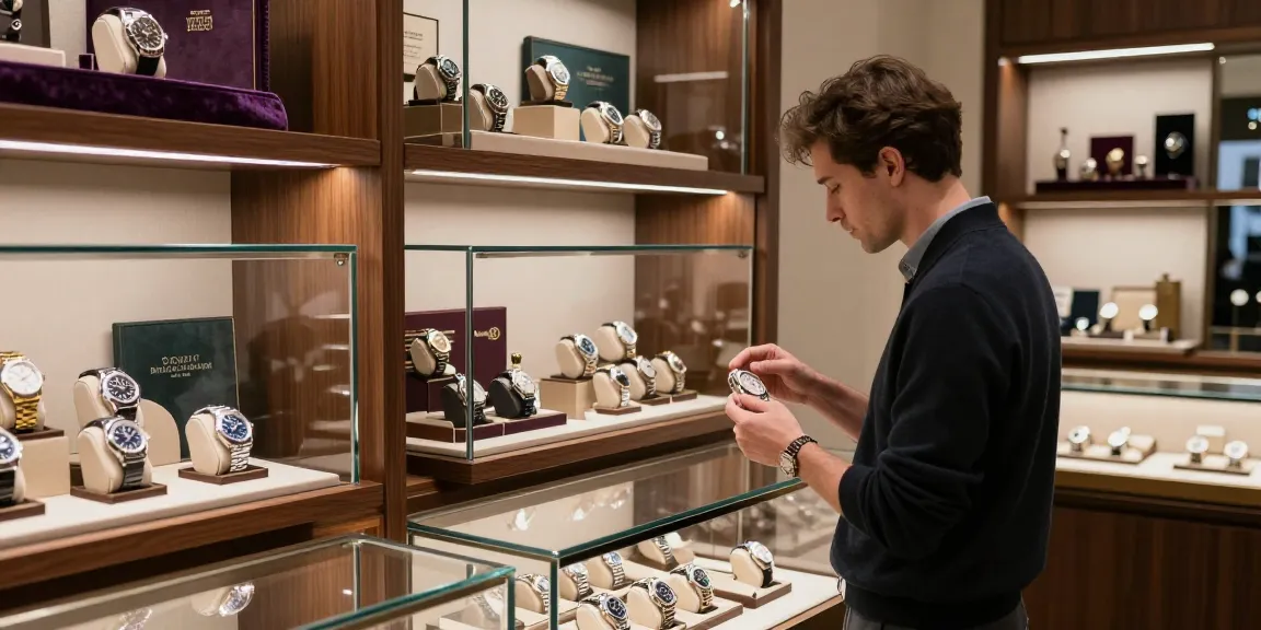 Examining luxury replica watches at an elegant boutique setting, highlighting sophistication and craftsmanship.