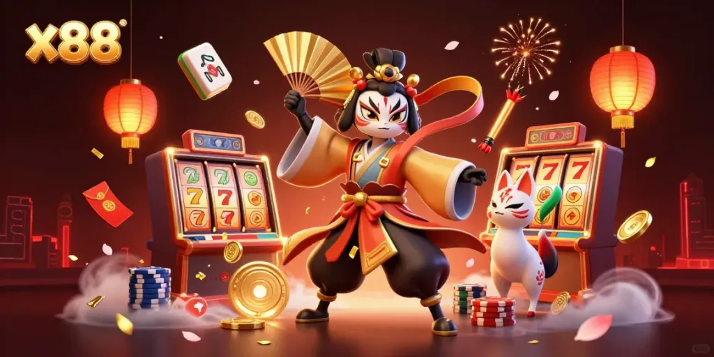 Experience the excitement of x88 with a vibrant casino scene featuring animated slot reels, kabuki characters, and traditional elements.