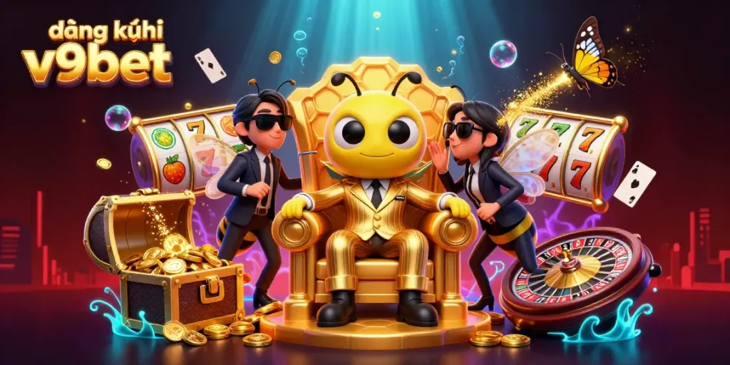 Engage with the đăng ký v9bet scene featuring a buzzing bumblebee mob boss amid vibrant casino elements.