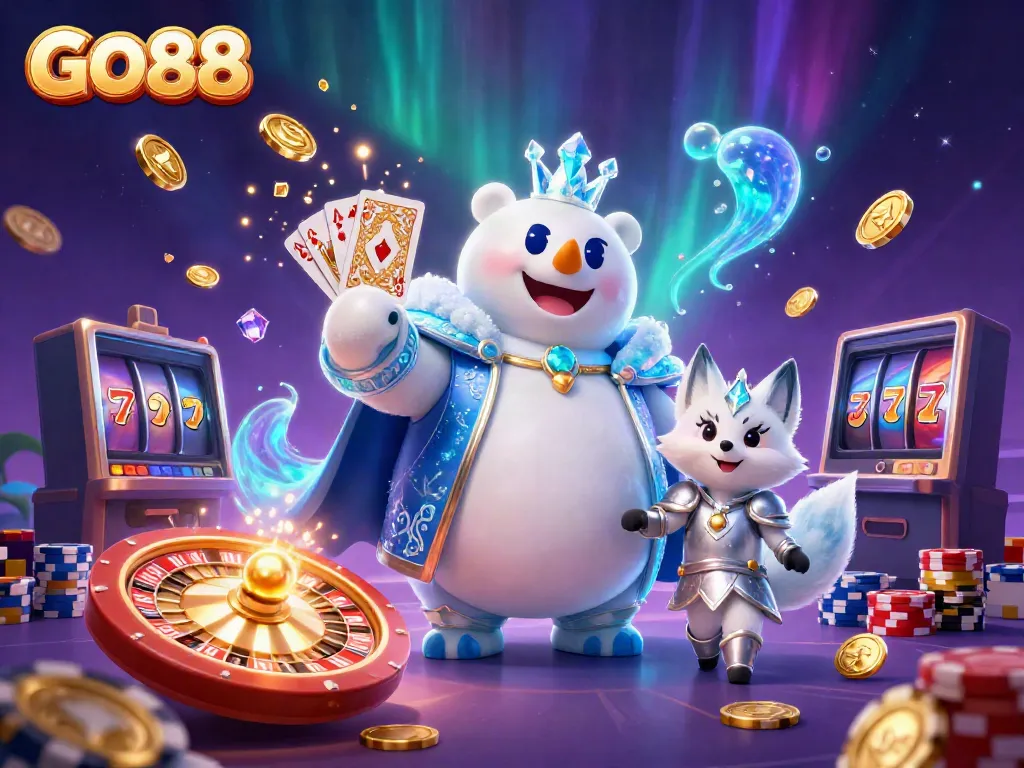 Experience the thrill of GO88 with a magical casino illustration featuring polar bear royalty and sparkling treasures.