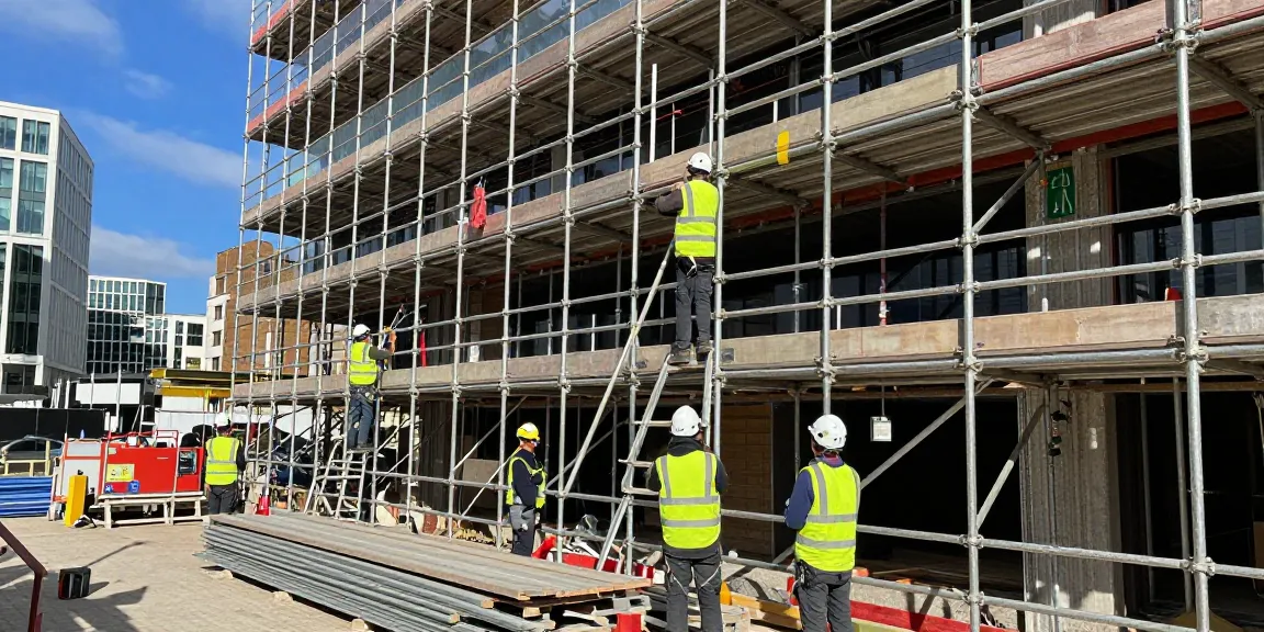 Commercial scaffolding installation showcasing skilled technicians at a construction site in London.