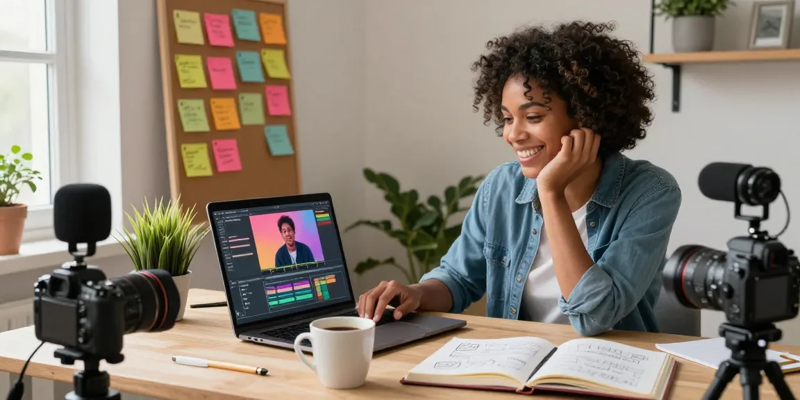 Content creator working on nsfw video editing in a vibrant home office.