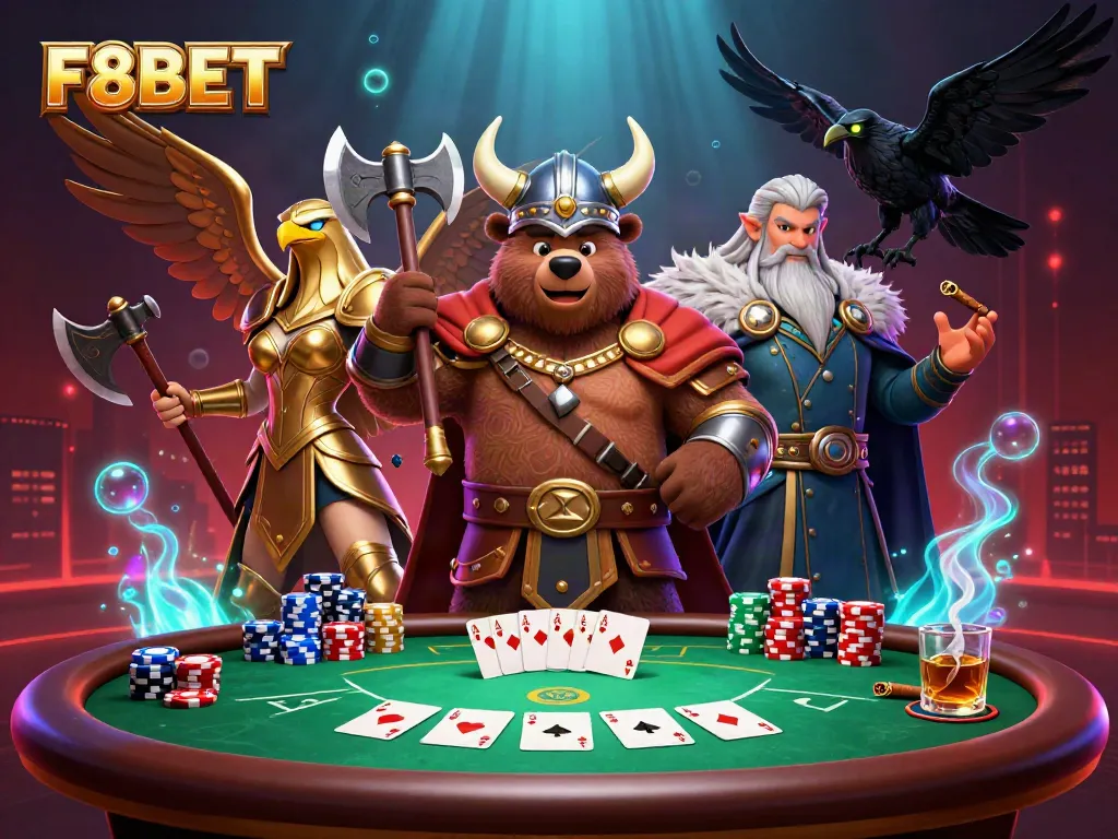 Experience the thrill of F8BET with a vibrant casino scene featuring a Viking berserker and Valkyrie eagle amidst poker elements.
