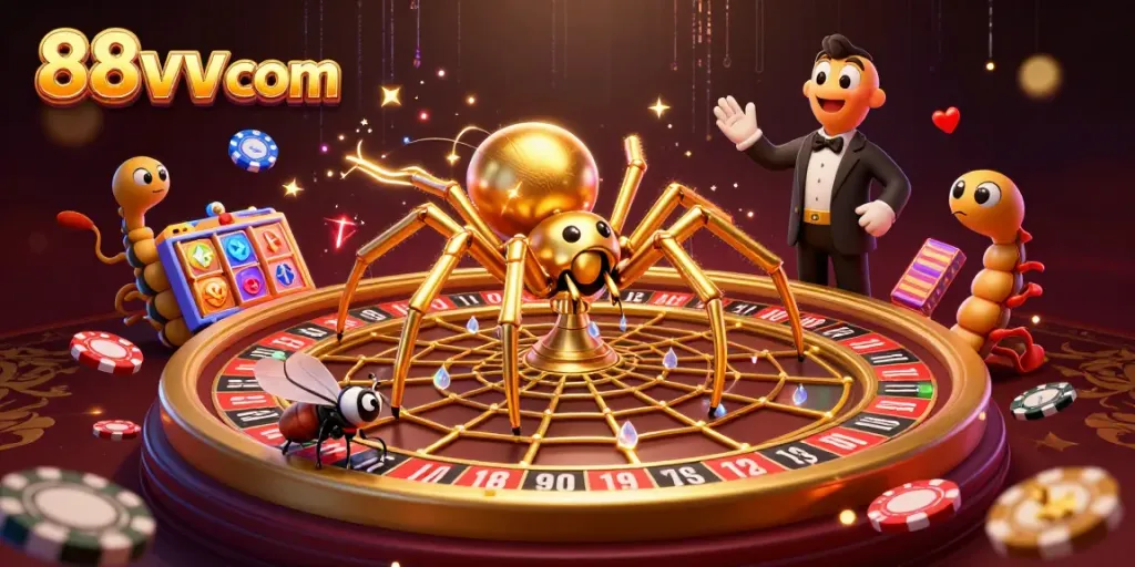 Engaging 3D scene depicting the excitement of 88vv com with a golden spider and centipede croupier involved in a dynamic gambling setup.