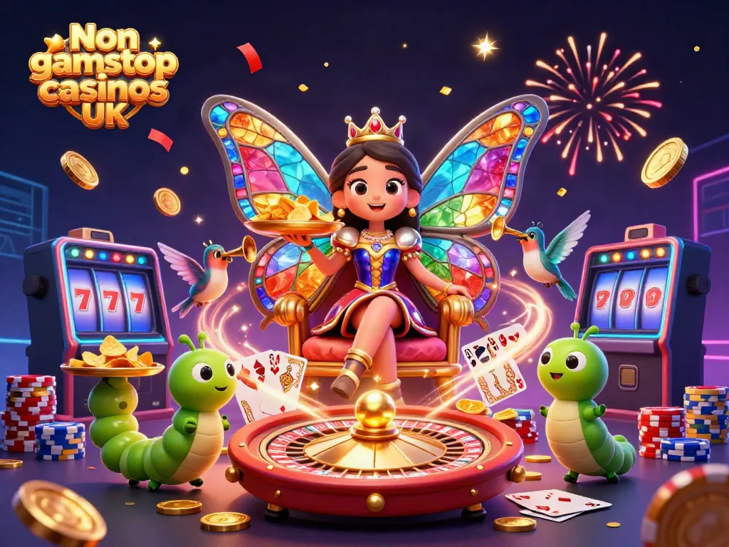Engage with Non gamstop casinos UK through a vibrant 3D illustration showcasing a casino scene filled with excitement.