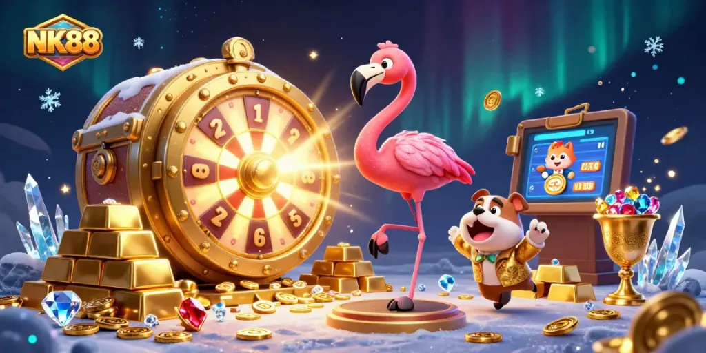 Spin big winnings at NK88, featuring a game show host flamingo and a bulldog contestant celebrating a golden prize.