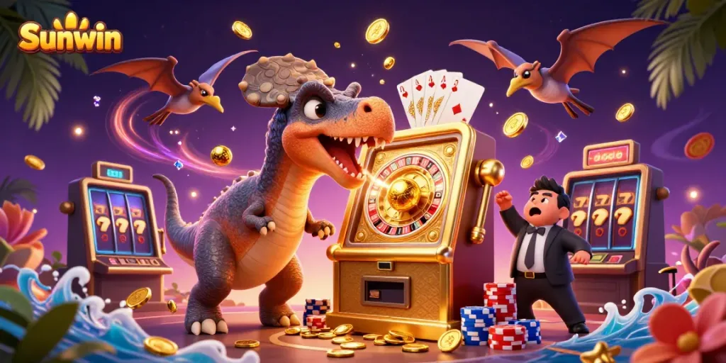 Experience exciting wins at Sunwin with a joyous pachycephalosaurus celebrating a jackpot.