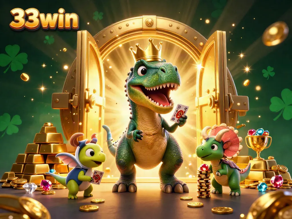 Experience the thrill of 33win with a friendly T-Rex gaming in a vibrant casino scene.