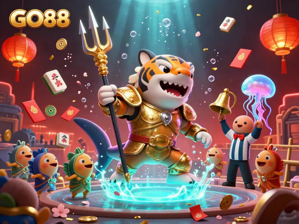 Experience vibrant gameplay with GO88 alongside a fierce golden gladiator shark in a colorful underwater arena.